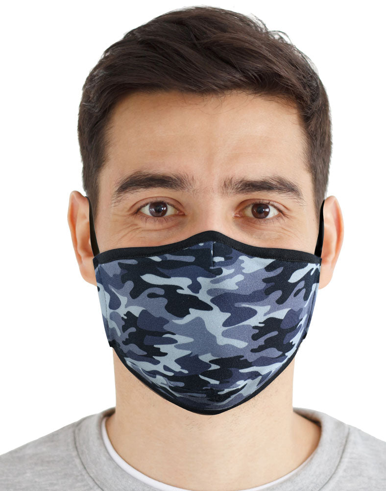 100% Cotton Face Mask Reusable Washable with Filter | Super Soft 3 Layer Jersey Knit Lightweight Fabric | Adjustable Elastic Earloops - Camo Blue